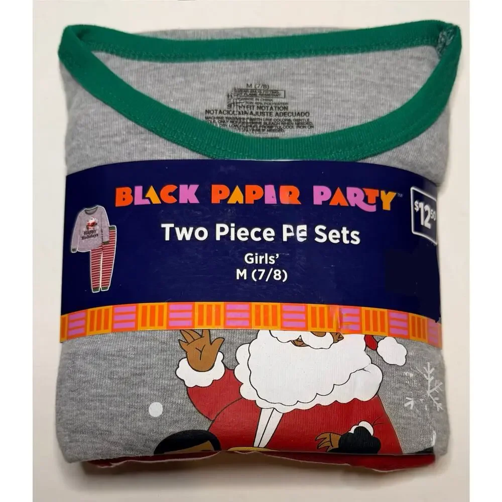 Black Paper Party Christmas Pajamas Black Santa Girls Medium 7/8 New